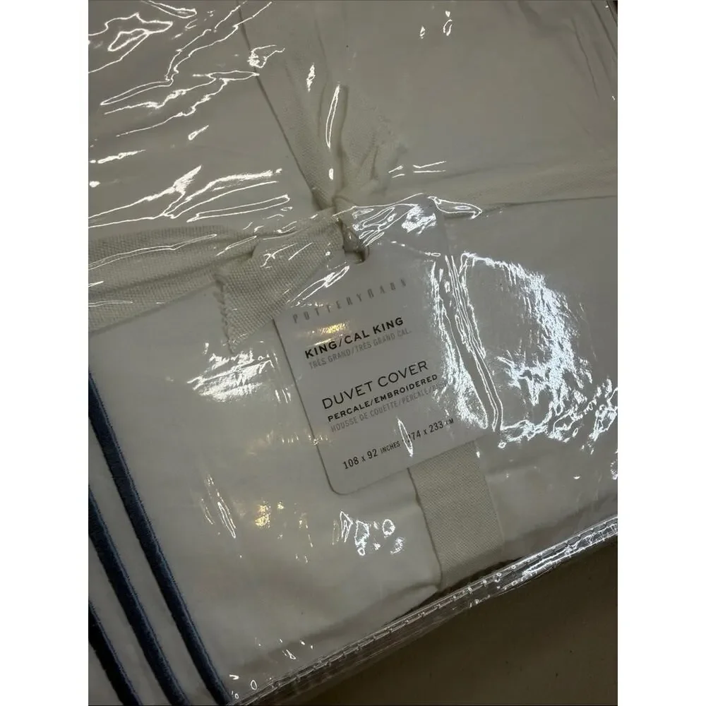 Pottery Barn Duvet Cover KING / CALIFORNIA Grand Organic Percale Blue Embroidery